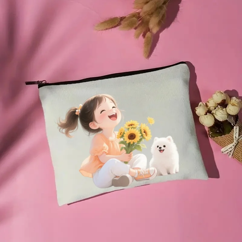 

1 шт. Милая косметичка из холщовой ткани с принтом «Девочка-солнышко», двусторонняя, с рисунком, дорожный органайзер для туалетных принадлежностей для женщин