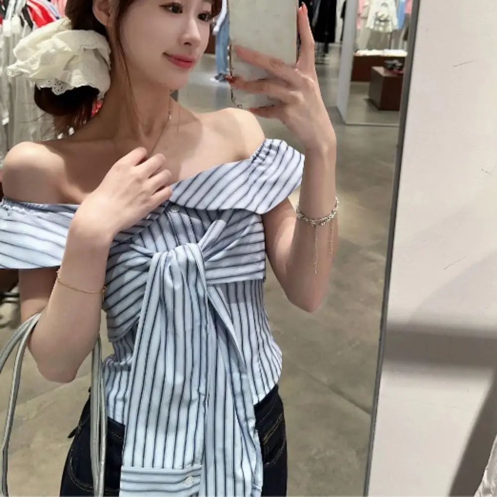 

Короткая женская блузка в синюю полоску с v-образным вырезом, рубашки с длинными рукавами в корейском стиле, облегающие уличные рубашки с тонкими пуговицами для путешествий