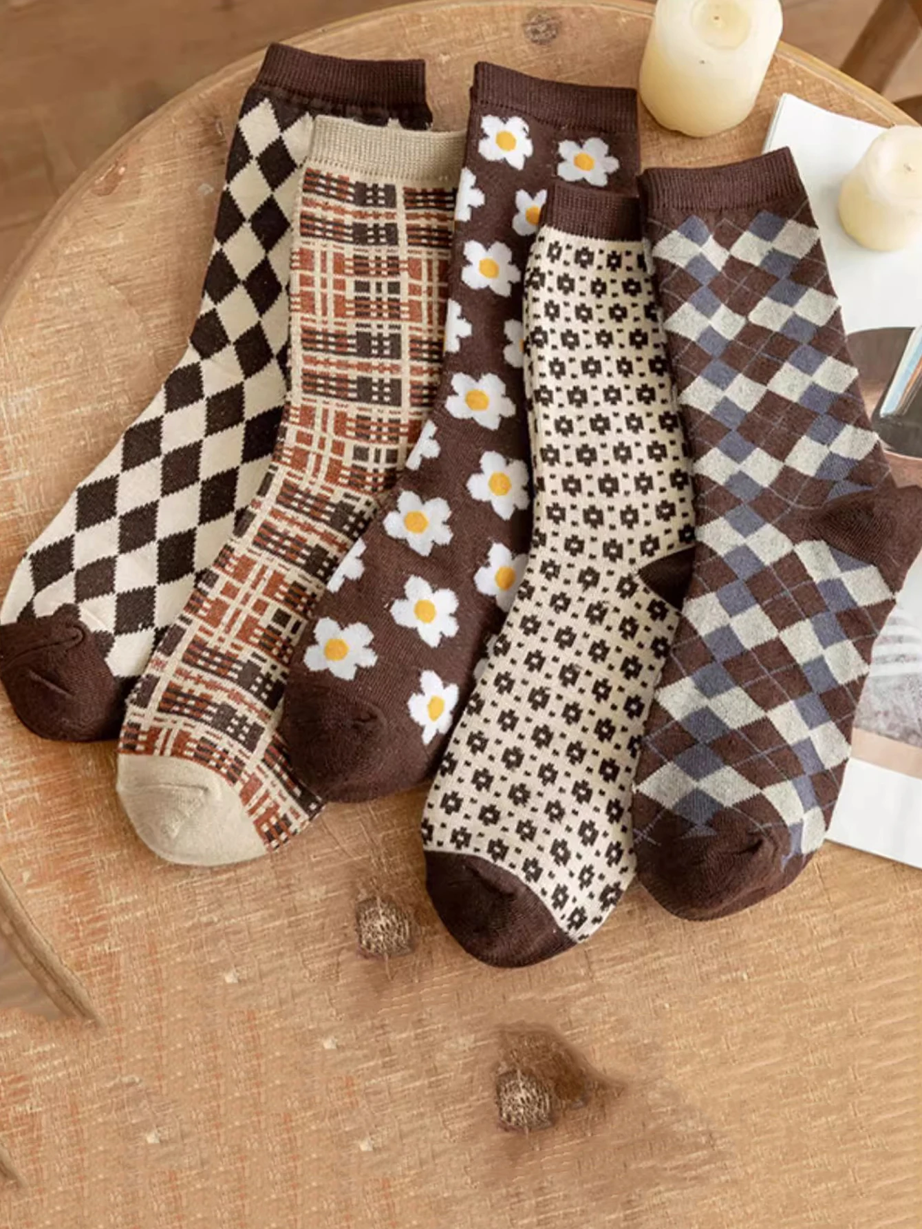 5 Pairs Women  Argyle Comfortable Crew Socks Floral Print Fashion Middle Tube Short Socks Set Pack Christmas Gift Soft Floor