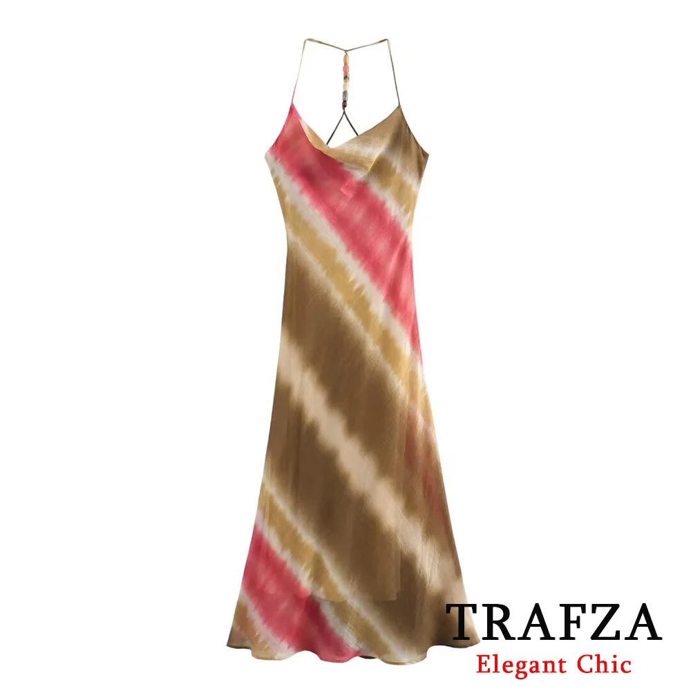 

TRAFZA Casual Halter Midi Dress Women's Tie-Dye Backless Sexy Dresses New 2024 Summer Fasion Vacation Beach Dresses