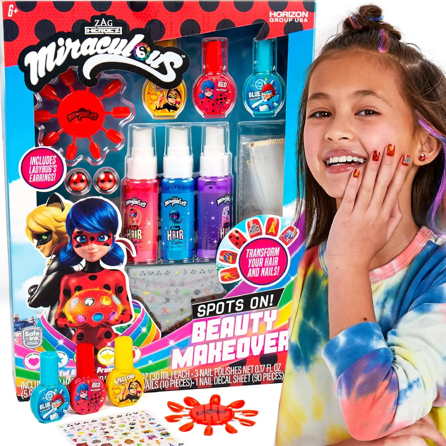 

Spots On Beauty Makeover Studio for Kids – Create unique hair art & manicure with this kit! Safe nail art designed for kids 6-9