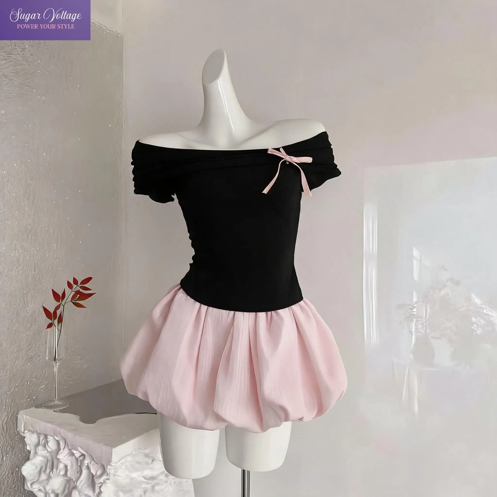 Coquette Sweet Elegant Korean Fashion Off Shoulder Women 2 Piece Set Bow Trim Slim Fit Pink Bubble Skirt Casual Party Outfit