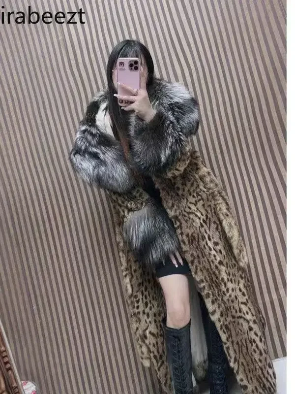 Leopard-print Padded with Fox Fur Jaqueta Feminina Inverno Fashion Streetwear Casaco Feminino Long Warm Winter Coat Women