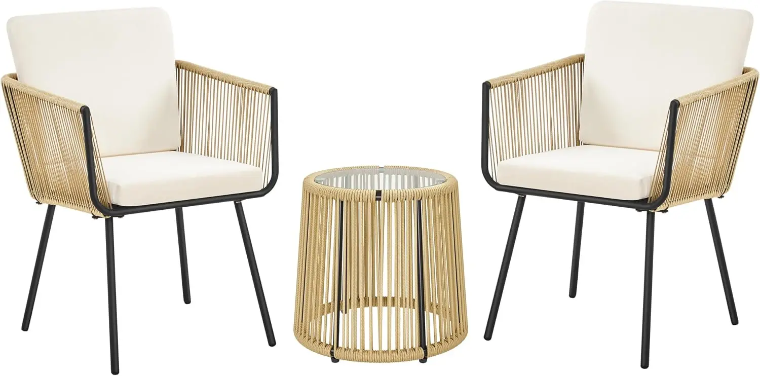 Outdoor Patio Rattan Bistro Set 3 Piece PE Wicker Conversation Furniture Set Table And Chairs With Cushions Tempered Glass Top For Garden Yard Porch Poolside Tan Cream