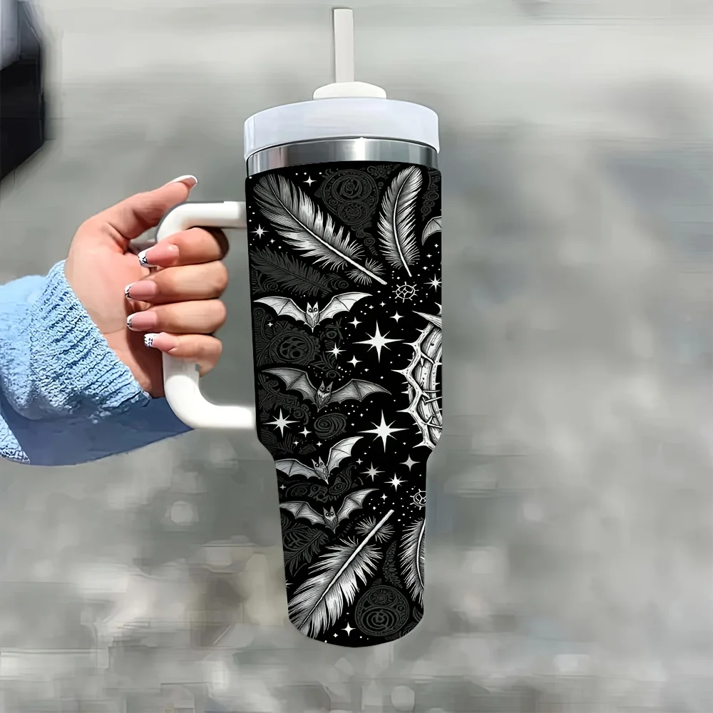 Halloween And Christmas 40Oz Insulated Tumbler with Handle And Straw Lid, Black Gothic Pentagram Bat Feather Witchy Print Water Cup for Travel Office Home Camping Daily Drinking Use