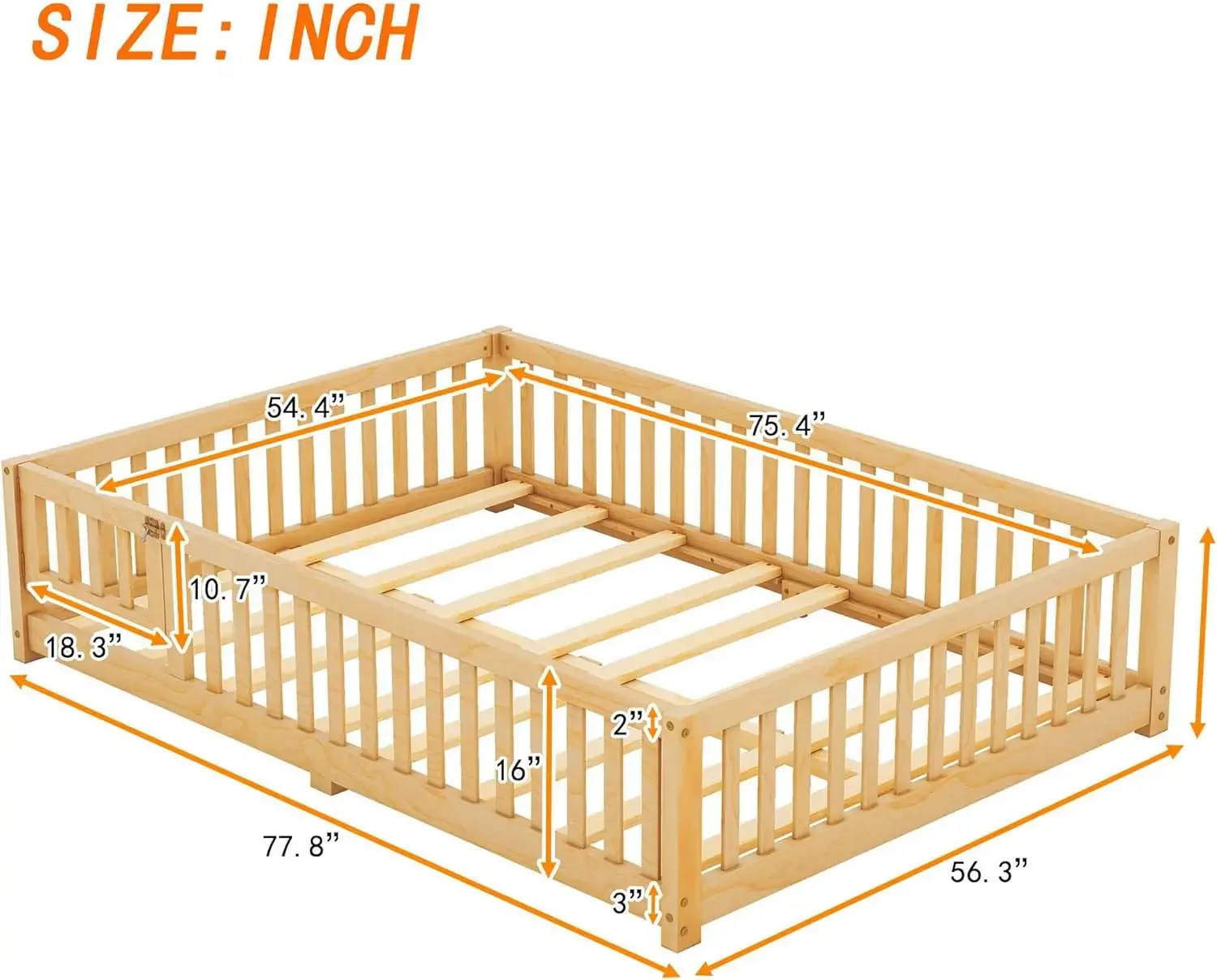 Center Support Bar, Montessori Floor Bed with Fence and Door, Kids Montessori Bed Full Size, Wood Montessori Floor Bed for Kids,