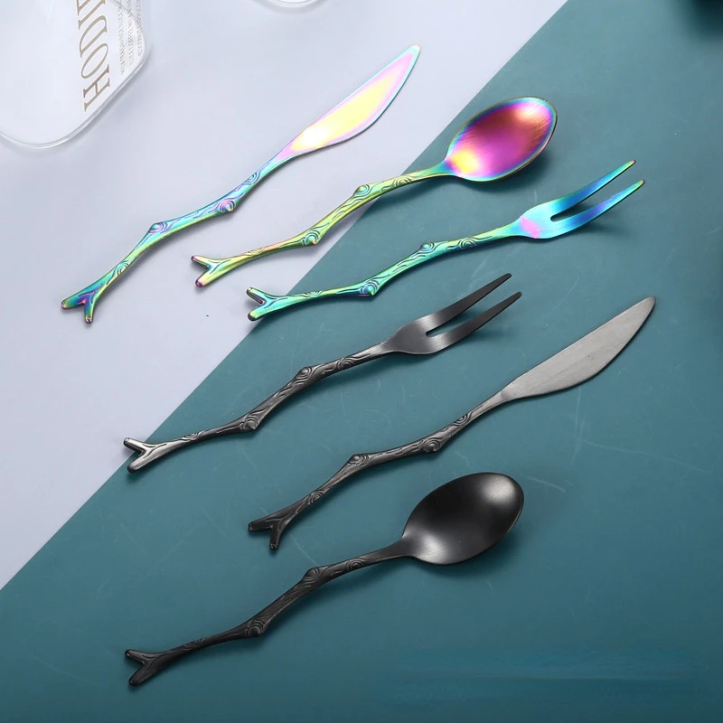 Sen Small Fresh Branch Knife, Spoon and Fork, Creative Stainless Steel Stirring Coffee Spoon, Fruit Fork, Cute Companion Gift