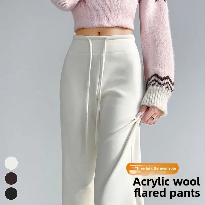 Outono inverno cintura alta perna larga até o chão calças femininas acetato lã arroz macarrão calças casuais calças compridas