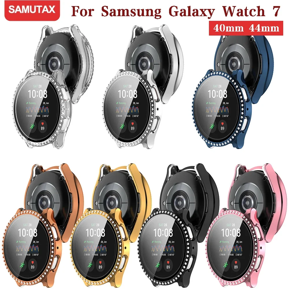 Case for Samsung Galaxy Watch 7 6 5 4 40mm 44mm Screen Protector PC Bumper Tempered Glass Diamond Integrated Protective Case