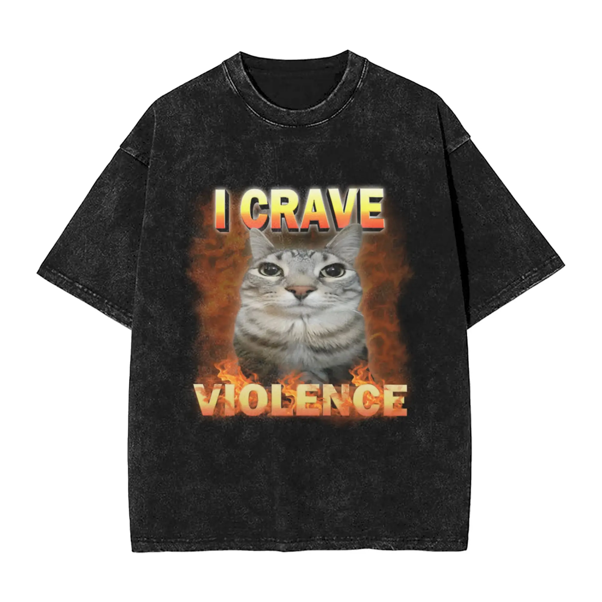 I Crave Violence Funny Cat Meme Unique Cool A Washed T Shirt Men's Women's Oversized Cotton Tees Tops