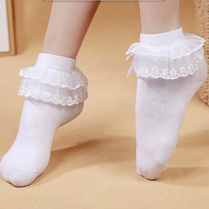 

Baby Girls Kids Socks Lace Ruffle Frilly Princess Children Ankle Short Socks Pure Cotton White School Dance Socks