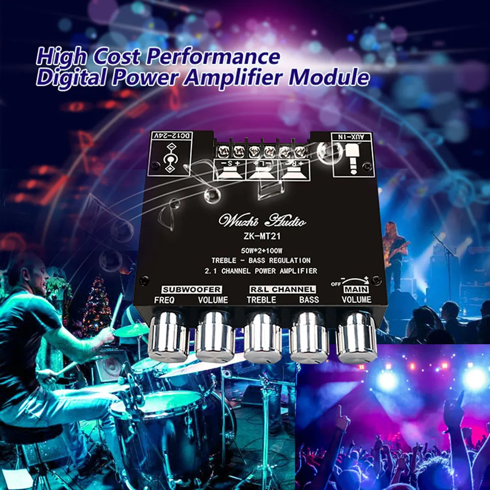 ZK-MT21 Digital Power Amplifier Board 2x50W+100W 2.1 Channel Subwoofer AUX 12V 24V Audio Stereo Bluetooth 5.0 Bass Amplifier