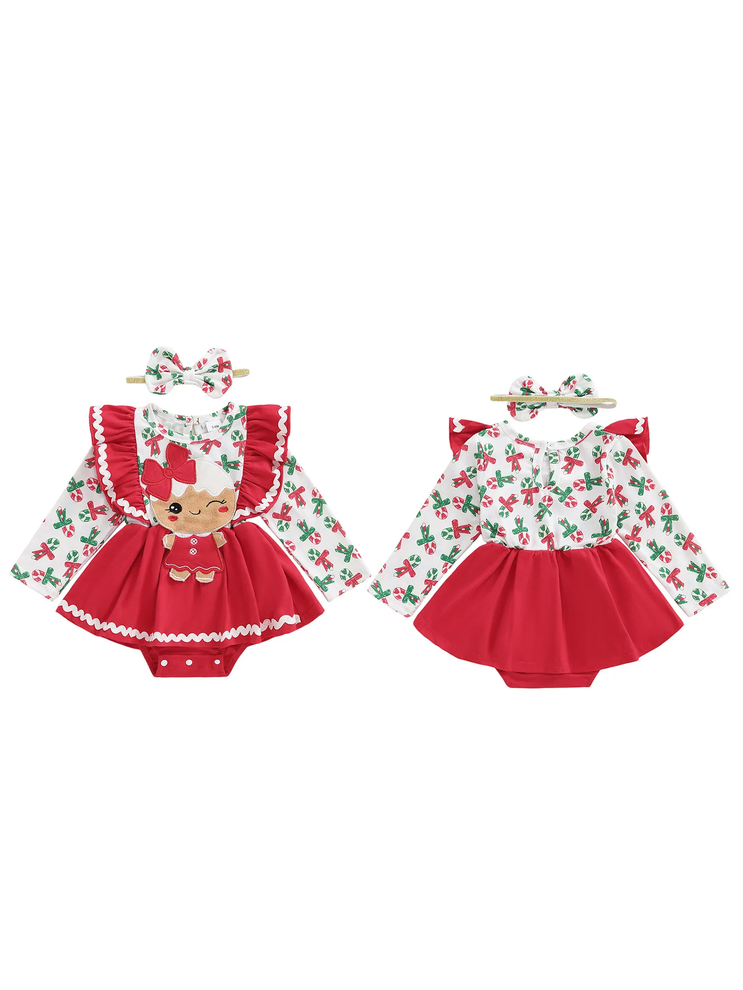 

Toddler Girl Holiday Outfit Snowflake Print Santa Claus Embroidery Ruffle Sleeve Romper Dress Bow Headband 2 Piece Set for