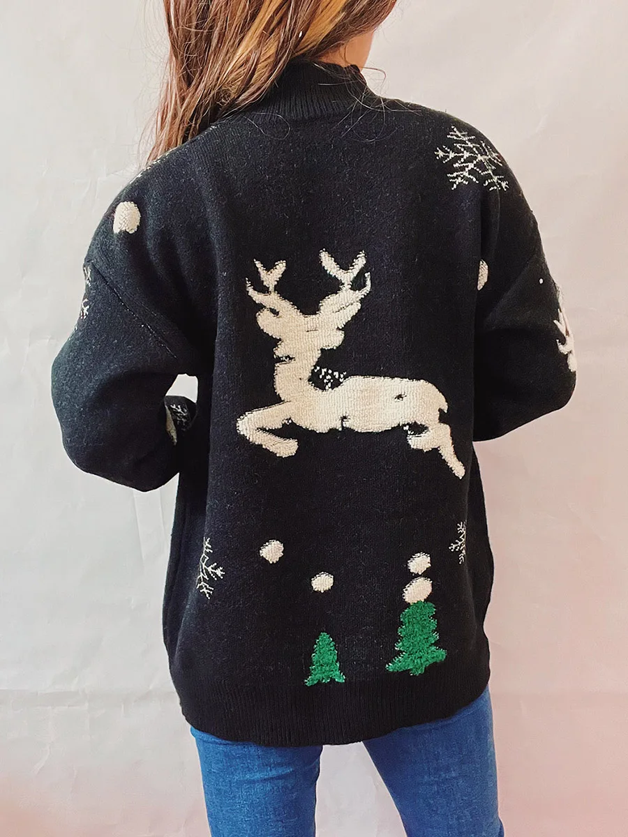 Women\'s Christmas Tree Fawn Knit Sweater Women\'s Elk Pattern Small Turtleneck Long Sleeve Knit Winter Wear Red/Black S/M/L/XL