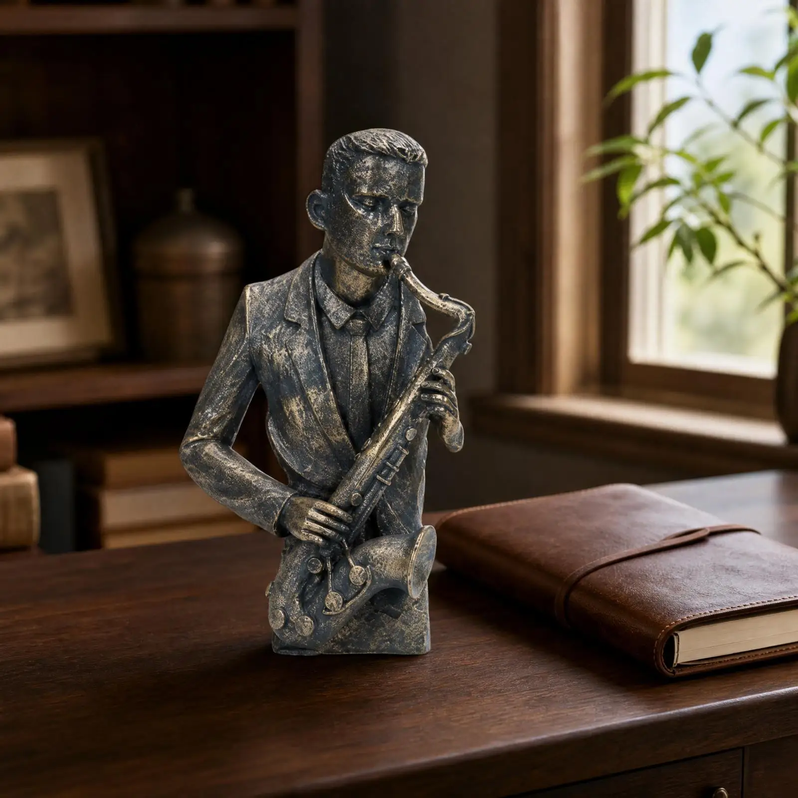 Saxophone Player Resin Figurine Carved Statue Bronze Art Decor for Desktop Cabinet Shelf Music Lover Home Gift