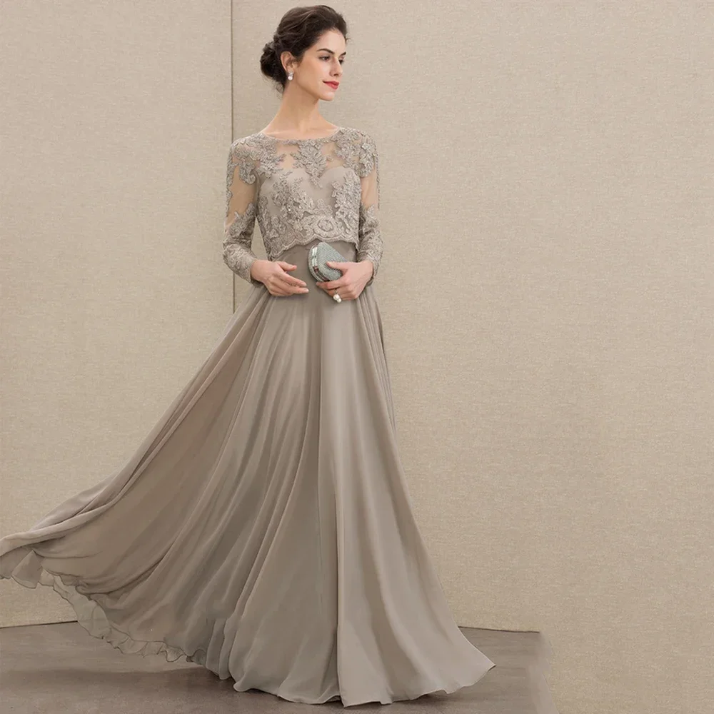 Customized Classic Mother Of The Bride Dresses Lace Appliques Sequined Scoop Neck Floor-Length Dress Full Sleeve Chiffon Wedding