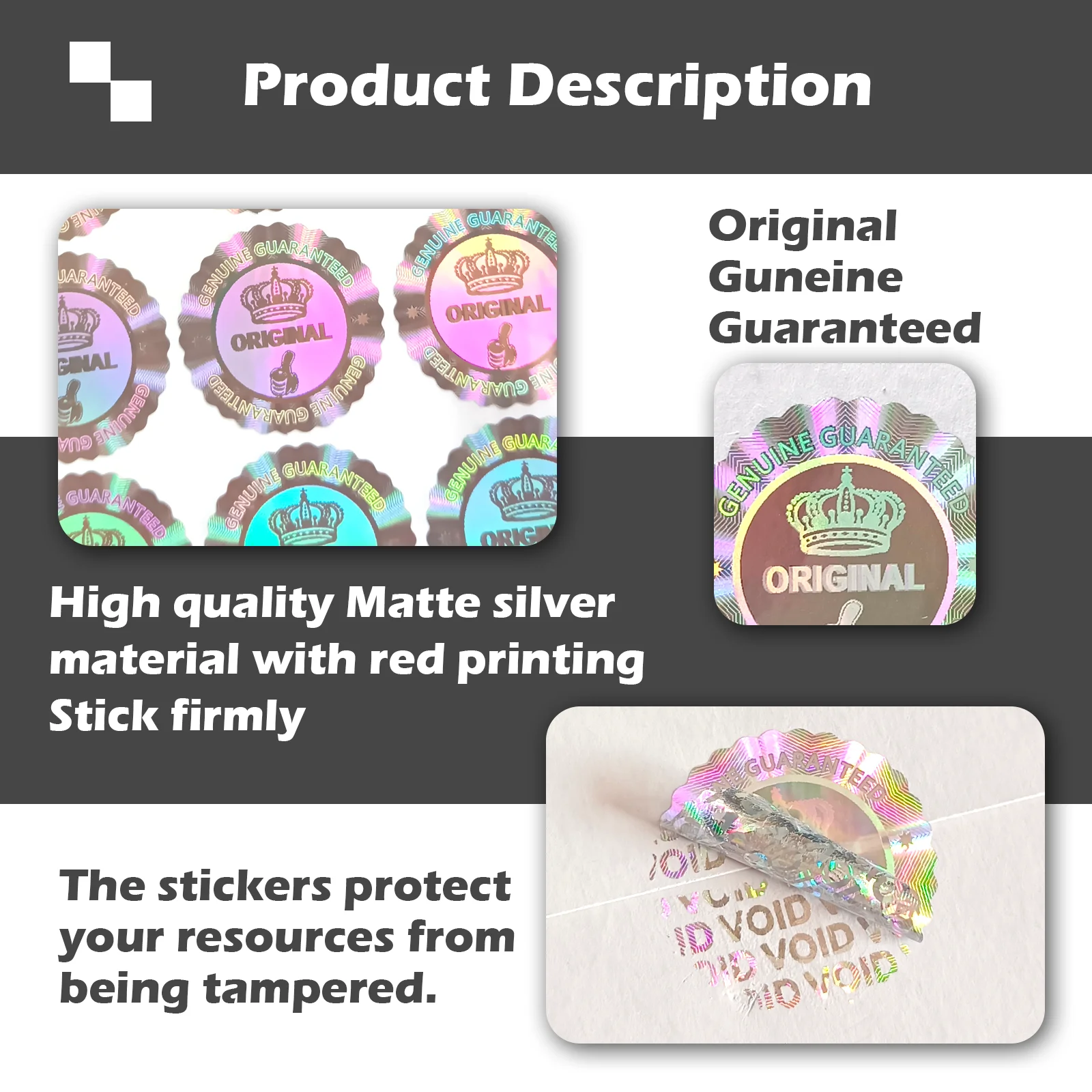 Tamper evident hologram sticker original genuine guaranteed sticker,security label,warranty void seal with Crown and Thumb