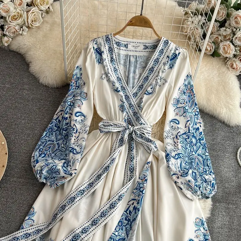 Spring Fashion Bubble Long Sleeve V-neck Waist Cincined Lace-up Dress Women's Celadon Positioning Printed Elegant Long Skirt