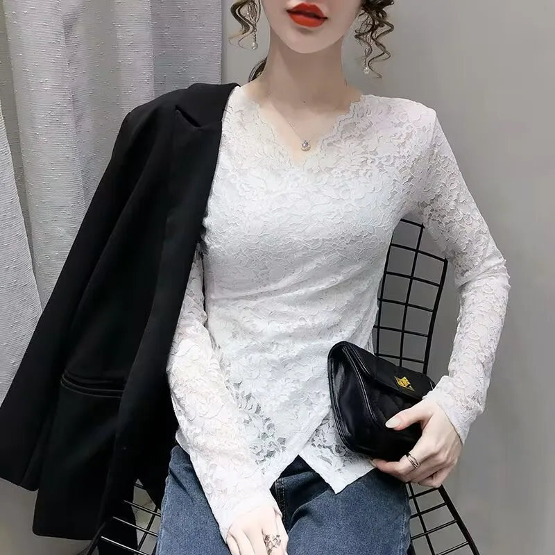 

Woman V-neck Lace Jacquard T-Shirt 2025 New Female Autumn Long Sleeve Solid Color Top Ladies Sexy Slim-fit Lace Base Shirts