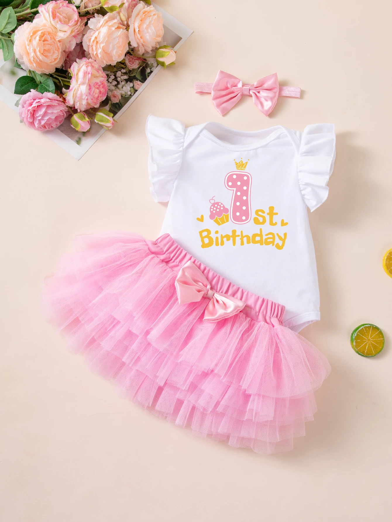 Tenue de 1er anniversaire pour bébé fille, ensemble 3 pièces, barboteuse à manches volantées + jupe tutu rose + bandeau à nœud, costume mignon pour fête de gâteau