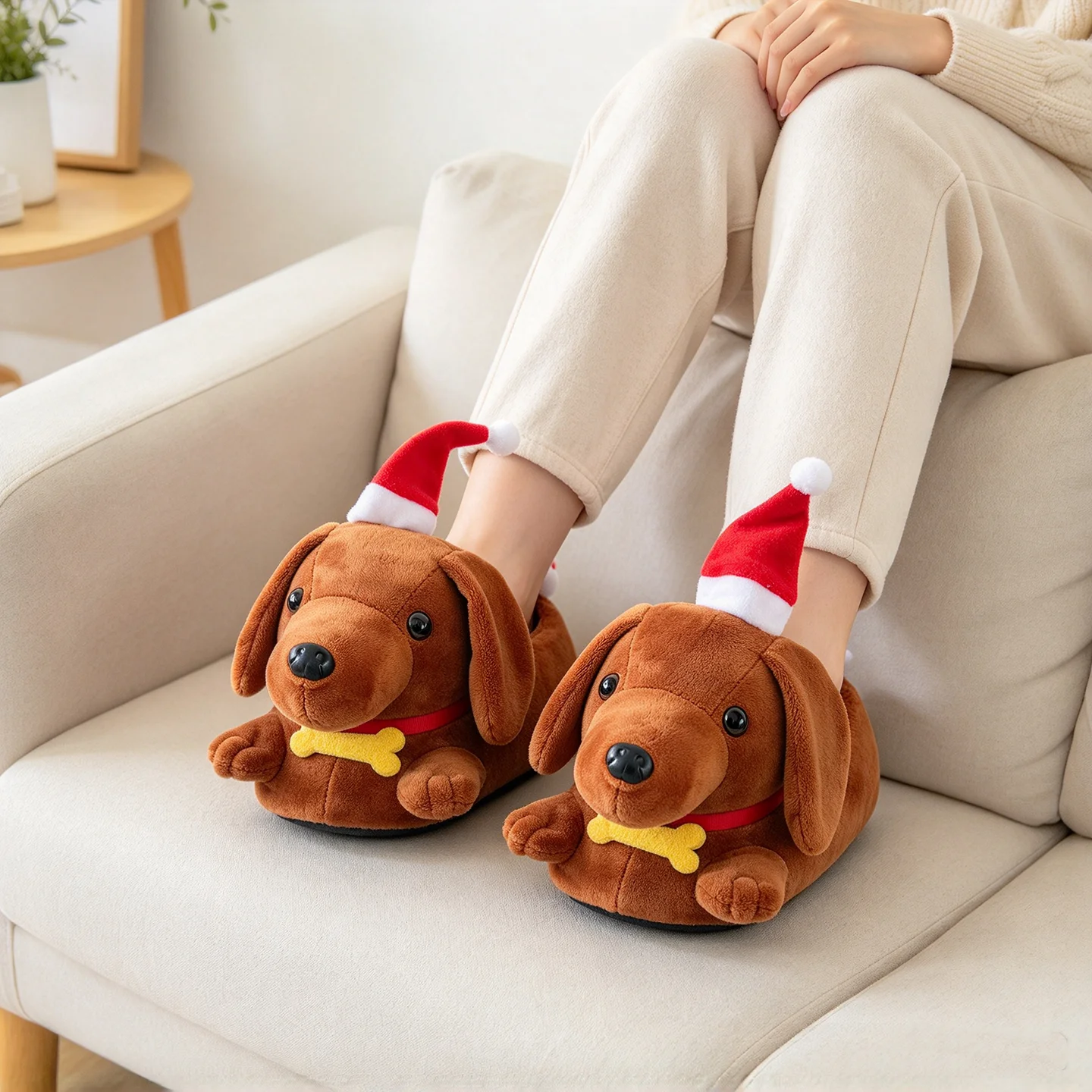 YanQing New Christmas Dachshund Plush Slippers Cartoon Dog Brown Stuffed Shoes Indoor Animals Shoe Christmas Birthday Gifts