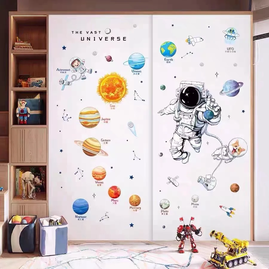 DIY Space Astronaut Wall Decal Boys\' Room Wall Decal  Decorative Children\'s Room Cosmic Sky Background Wall Art Wallpaper
