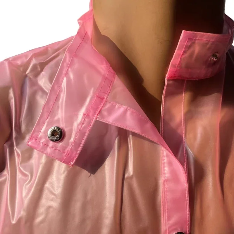 Sexy Couple Transparent Pink PVC Plastic Jumpsuit Waterproof Soft Silent COS ABDL Adult Baby Snap Fastener Opening Diaper Pants