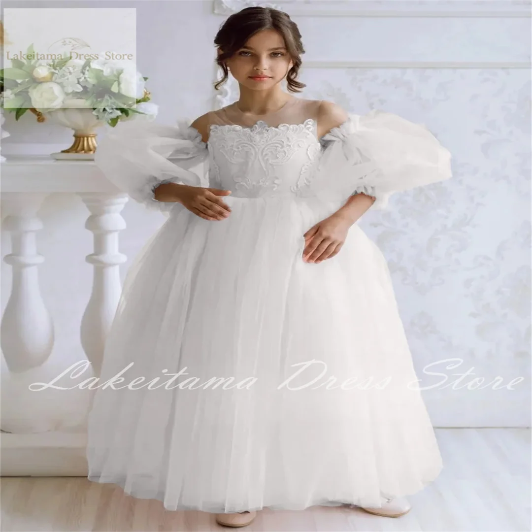 

Flower Girl Dresses Tulle Flory Appliques With Bow Short Sleeve For Wedding Birthday Party Holy Communion Gowns