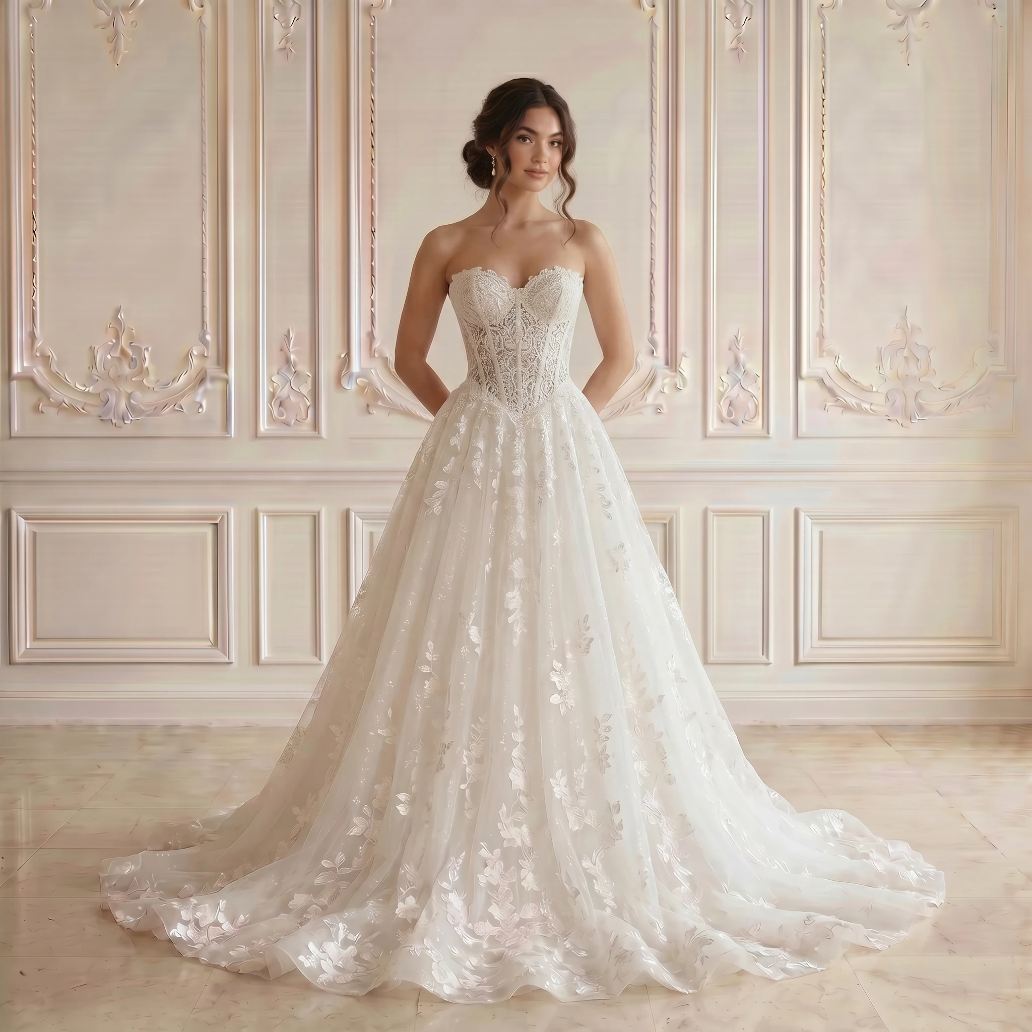 

Strapless Sweetheart Corset A Line Wedding Dress 3D Floral Lace Tulle Chapel Train Bridal Gown Custom Size