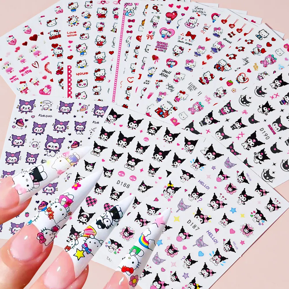 Autocollants pour ongles en forme de cœur rouge Hello Kitty, Kawaii, Design doux, décoration de manucure Sanrio, autocollants Kuromi auto-adhésifs, fourniture pour ongles, 16/1 pièces
