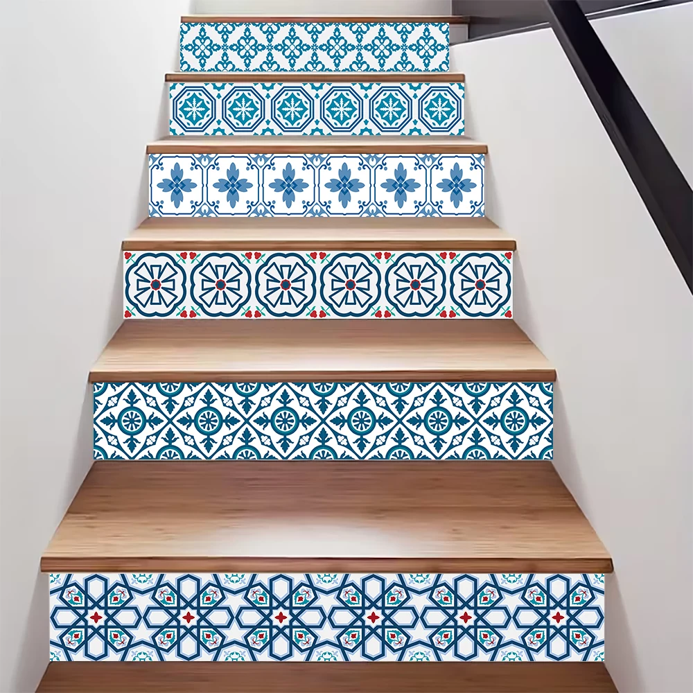 6/13 pcs Vintage Moroccan Tile Stair Riser Sticker Waterproof Removable Peel and Stick Decal