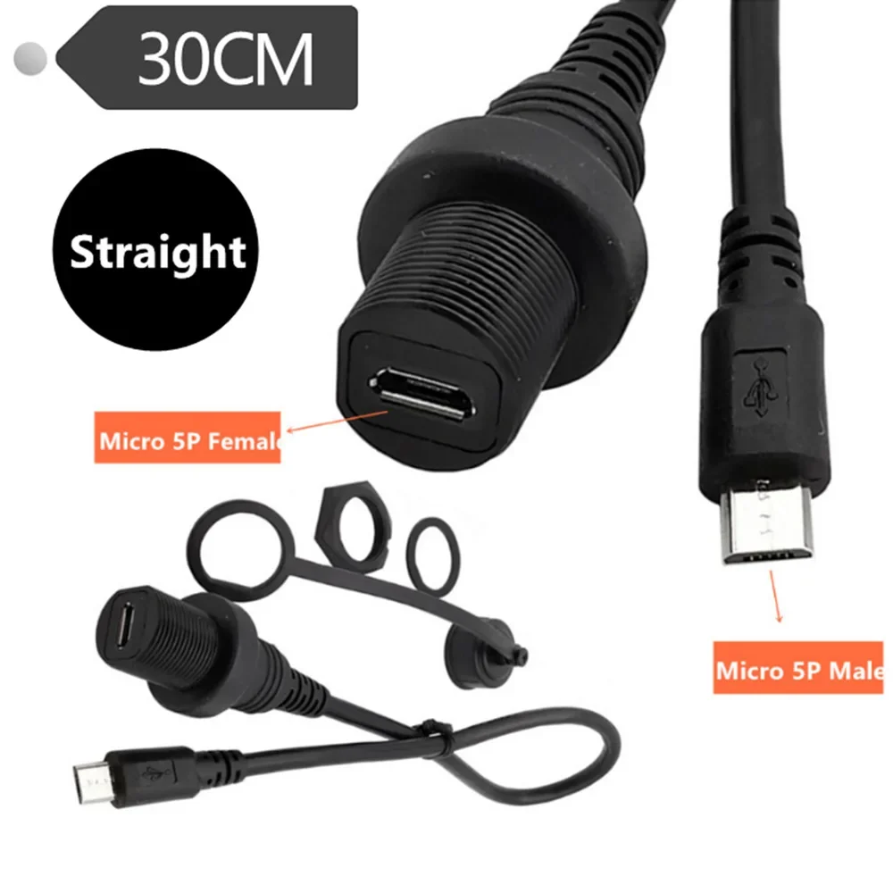 Waterproof USB 2.0 Micro 5Pin Male To Female AUX Cable Left/Right Angle Flush Panel Mount Data Sync Charging Extension 0.3m/1m