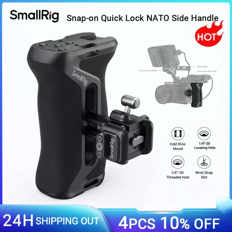 SmallRig Snap-on Quick Lock NATO Side Handle Up/Down Adjustable For DSLR Camera Cage Plate With Cold Shoe Wrist Strap Hole 4017