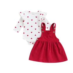 Newborn Baby Girl Clothes Set Fashion Suspender Skirt Heart Print Long Sleeve Romper 2Pcs Autumn Toddler Infant Clothing Outfits