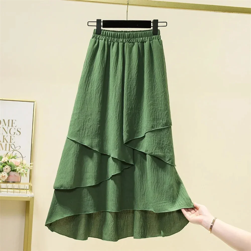 

Korean Fashion Summer Oversized Midi Skirt High Waist A-line Long Skirt For Women Girls Vintage Outwear Irregular Black Skirt