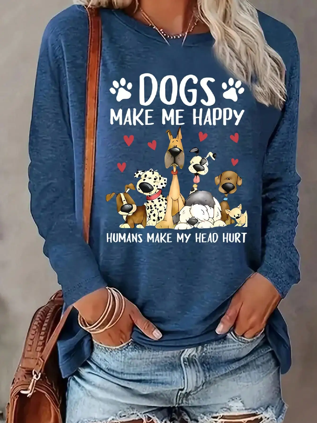 2026 Damen Frühling und Sommer Lässiges Slogan-Hunde-Print Rundhals Einfarbiges Langarm-Pullover T-Shirt – Detail 8