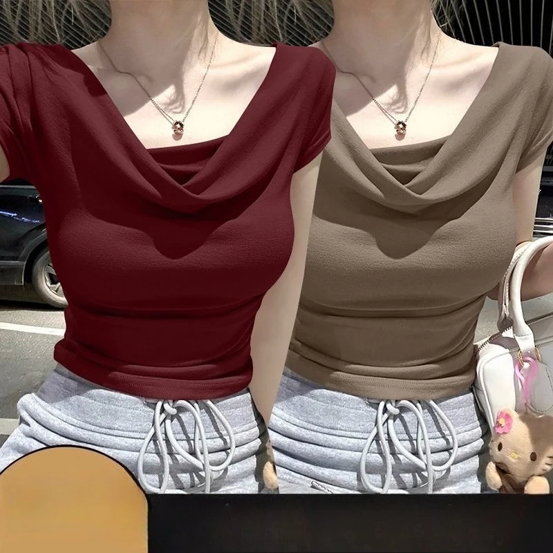 Summer Thread Solid Color Beach Fashion Versatile Women's Short Sleeved T-shirt Casual Lightweight Breathable Sexy Women's Top image 2