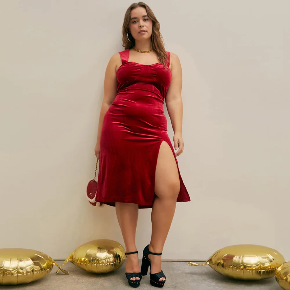 Plus Size Sexy Women Dress 2023 Fall Split Temperament Pure Color Velvet Halter Dress Fashion Elegant Lady Party Evening Dresses