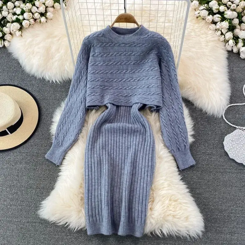 French Elegant Sweater Suit Women's Spring Autumn New Knitted Short Top Fashion Knitting Strap Woolen Dress Two Piece Set