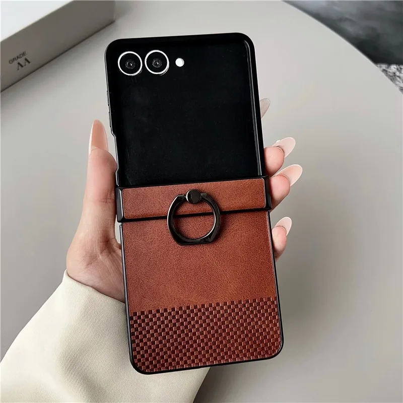 Retro Leather Hinge Shockproof Phone Case For Samsung Galaxy Z Flip 7 Z Flip6 Flip 5 4 3 With 360 Metal Finger Ring Stand Cover