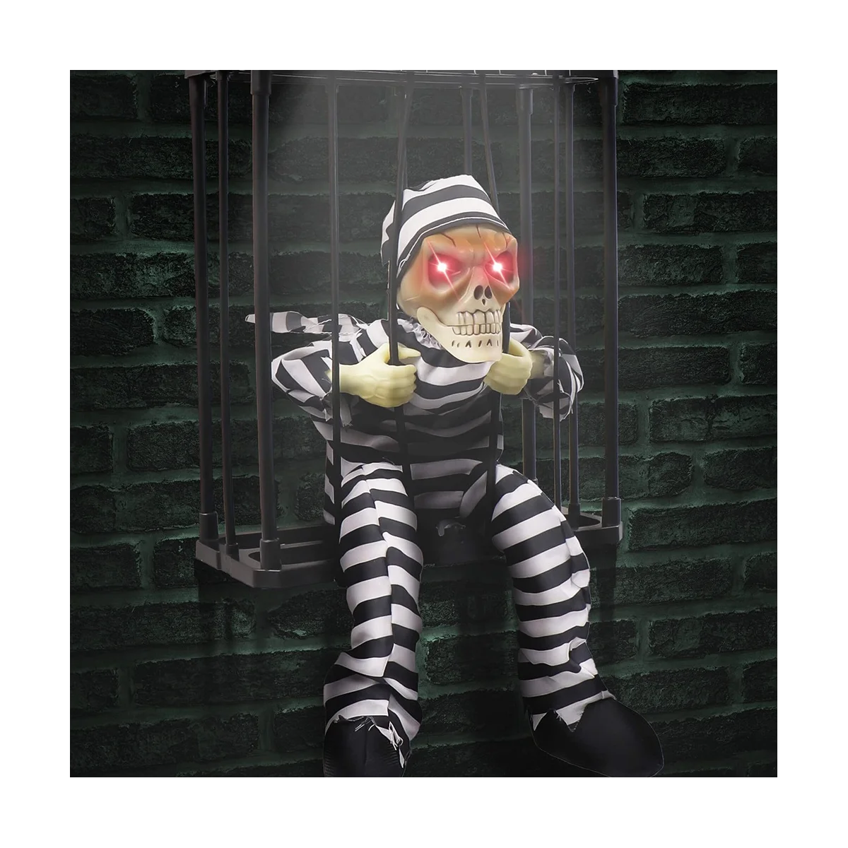 การตกแต่งฮาโลวีนแบบเคลื่อนไหวกรีดร้องของตกแต่งฮาโลวีนพร้อมเซ็นเซอร์ตรวจจับความเคลื่อนไหวนักโทษกรงกะโหลกศีรษะที่น่ากลัว B