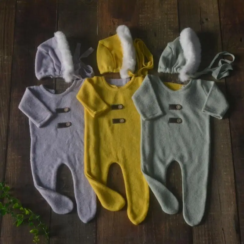 

F19F 2PCS/SET Новорожденный Фотография Румпер и Шляпа Set Soft & Dethable Math Umplase с Bonnet Girls Boys Photoshoots реквизит