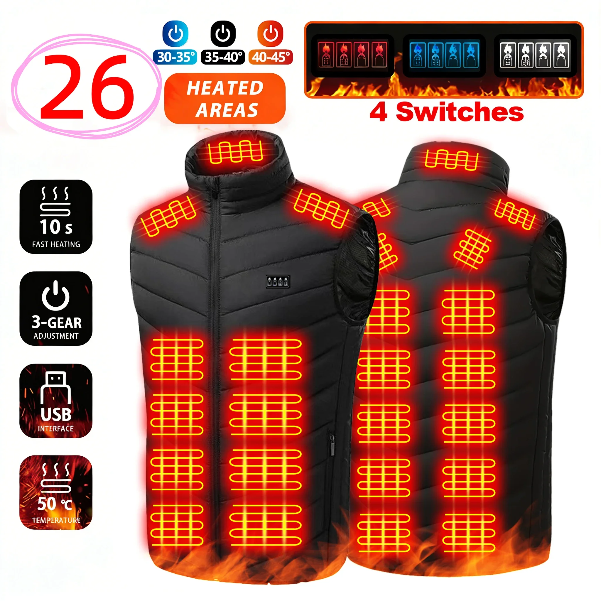Winter Intelligent Heated Vest Fast Heating 26 Heating Zones 3 Temperature Settings 4-Zone Control USB Port for Men's Outdoor We