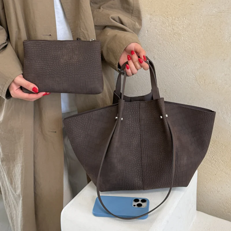 Crocodile Pattern Tote Bag Large Capacity Shoulder Handbag Solid Color Shoulder Bag Versatile Daily Shopping Commute Women Purse