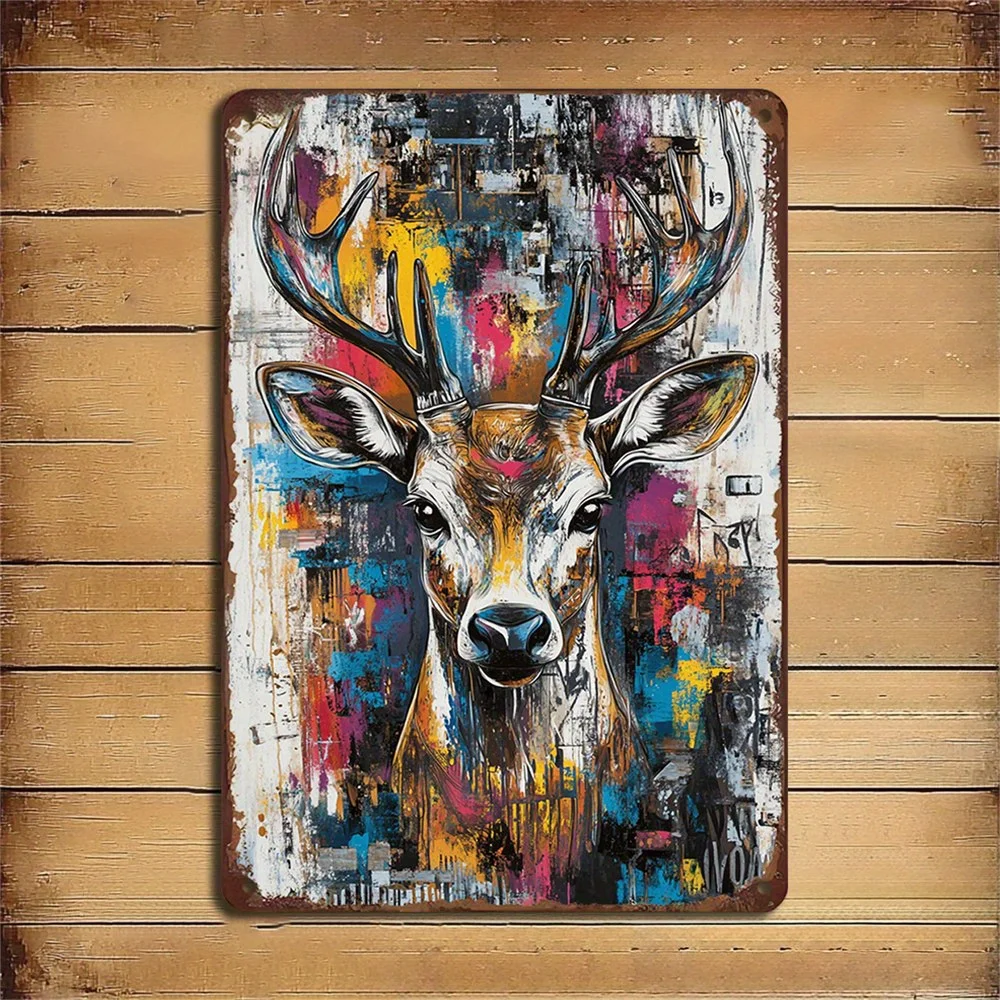 1PC Vintage Deer Tin Wall Art Sign 8x12 Inch Iron Deer Painting for Home Office Study Cartoon Deer Wall Hanging Decoration