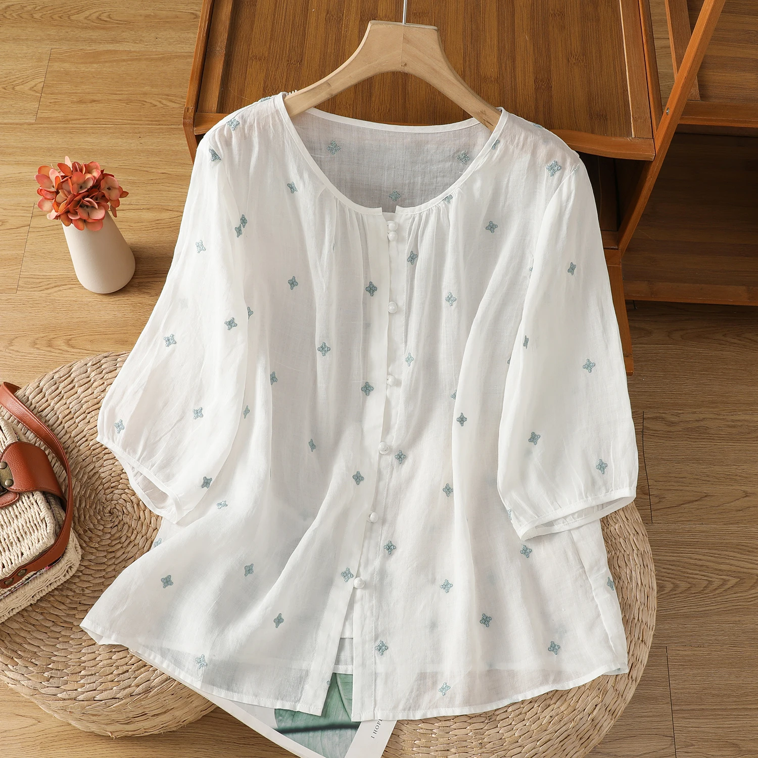 여름 신상 면 린넨 반팔 프린트 셔츠 여성 라운드 넥 오픈 가디건 얇은 다용도 티셔츠 스트레이트 컷 타입