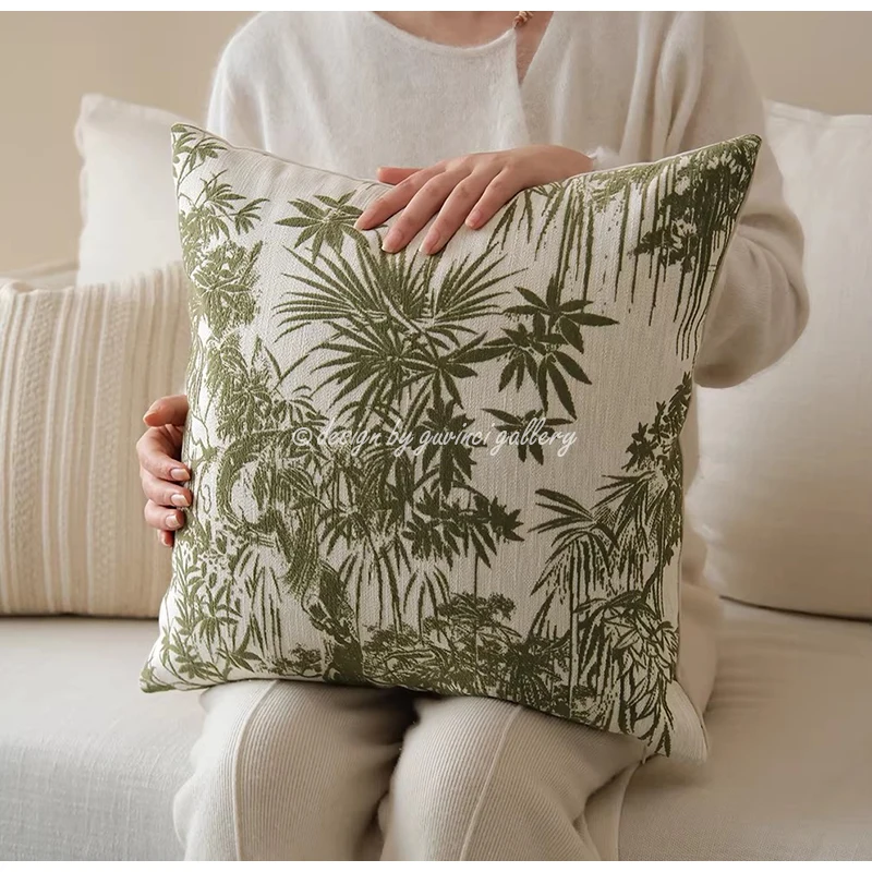 GUVINCI Southern French Style Cushion Cover Toile Olive Green Tropical Jungle Scene Jacquard Throw Pillow Case For Balcony Patio