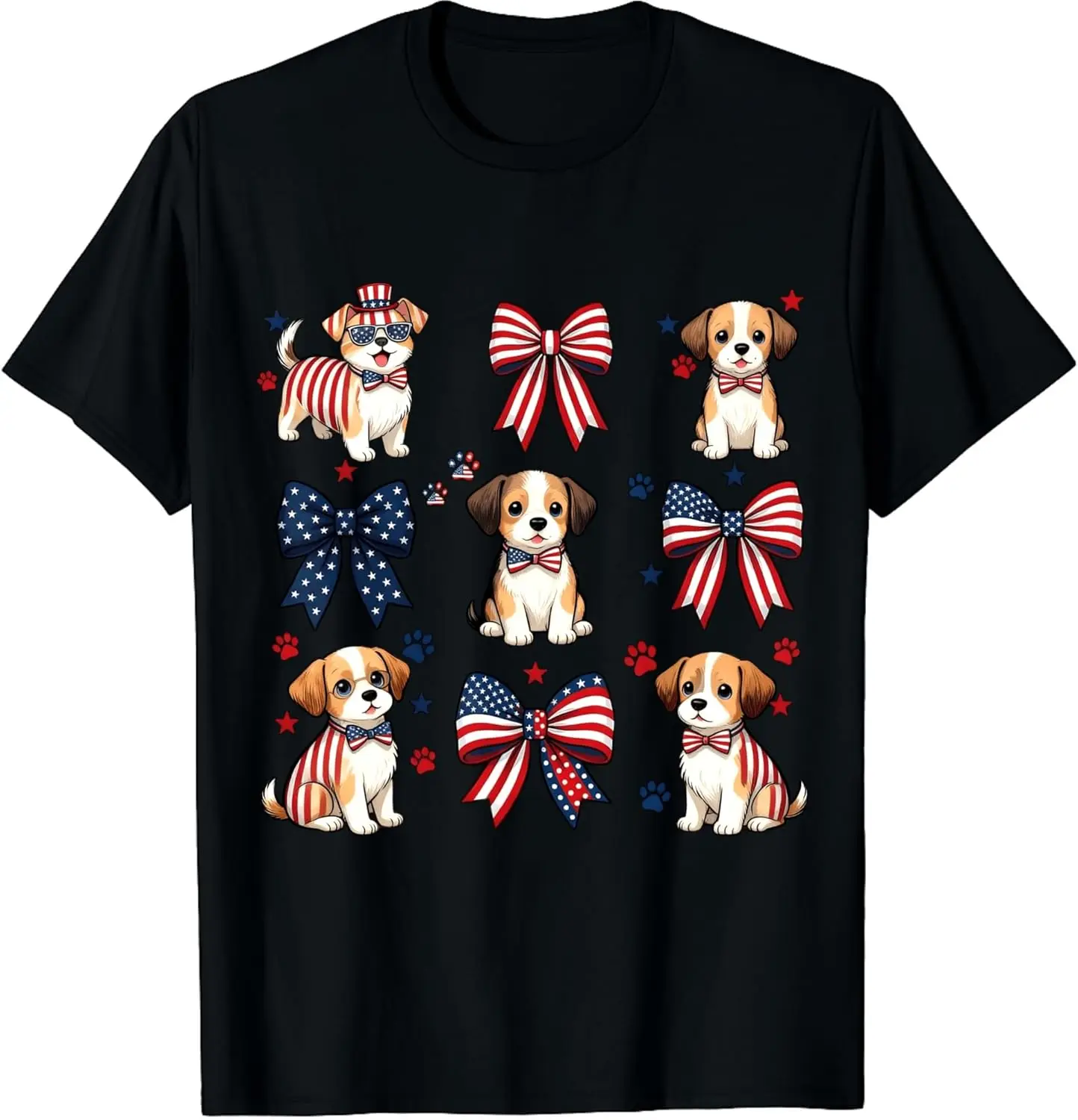 Puppies Bows Grid American Flag Cute Dogs Bowties Stars Stripes 4Th Of July Unisex T-Shirt Patriotic Tee 100% Cotton Trendy Y2K