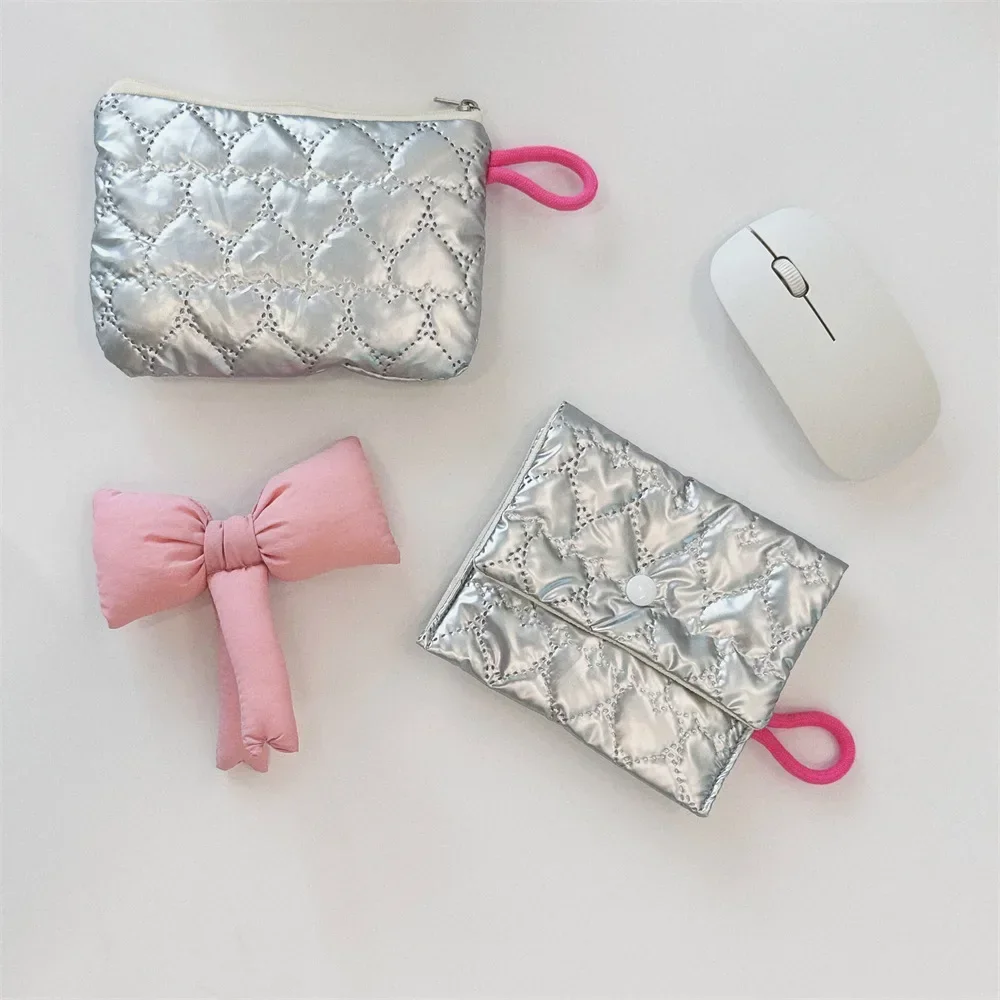 Ins Silver Love Pochette Porte-monnaie, Poudres de monnaie, Mini sacs de maquillage, Clé, Rouge à lèvres, Écouteur, Câble de données, Sac de rangement, Mignon