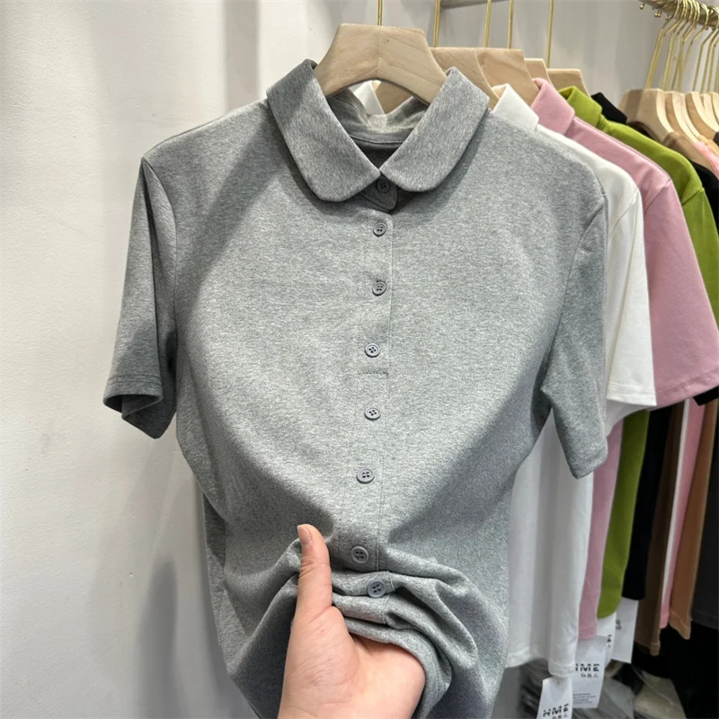 

Summer Women's Short Sleeve T-Shirt Button Collar Doll Collar Korean Style Commute Pure Color Slim Fit Inner Wear Top